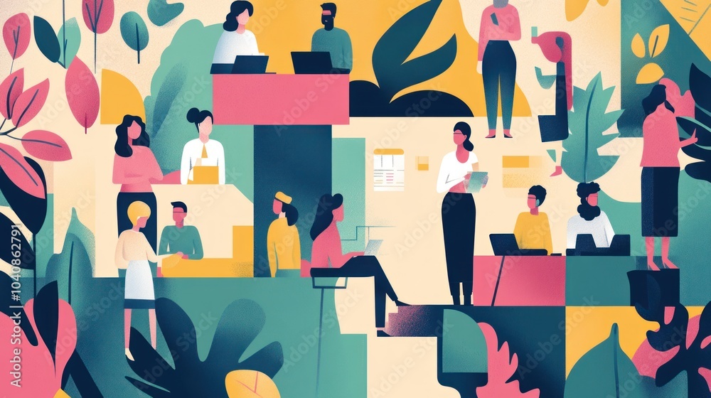 Diverse group of people working together in an office space filled with plants and natural elements. Diverse group of people working together in an office space filled with plants and natural elements.