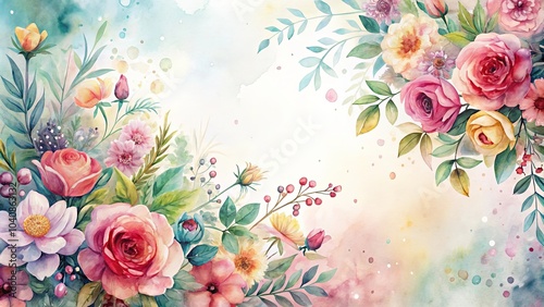 A delicate watercolor floral arrangement featuring lush green foliage, vibrant blooms, and soft pastel hues, creating a picturesque display of natural beauty.