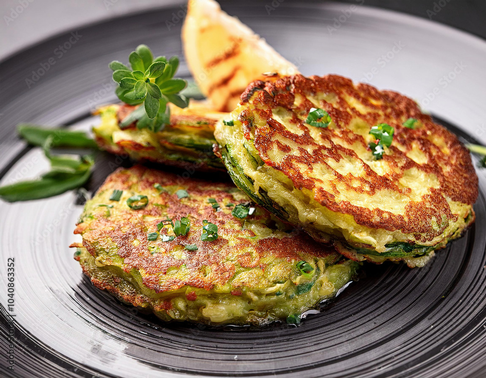 Zucchini pancakes plate with spinach and parsley, close up Zucchini pancakes plate with spinach and parsley, close up