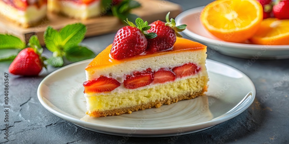A slice of strawberry cake with a layer of citrus glaze, resting on a white plate, surrounded by fresh mint leaves and citrus fruit A slice of strawberry cake with a layer of citrus glaze, resting on a white plate, surrounded by fresh mint leaves and citrus fruit