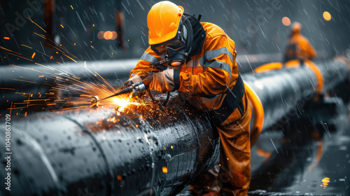 Diver welding on submerged steel pipeline, wearing protective gear and helmet, amidst sparks and rain, showcasing dynamic industrial scene