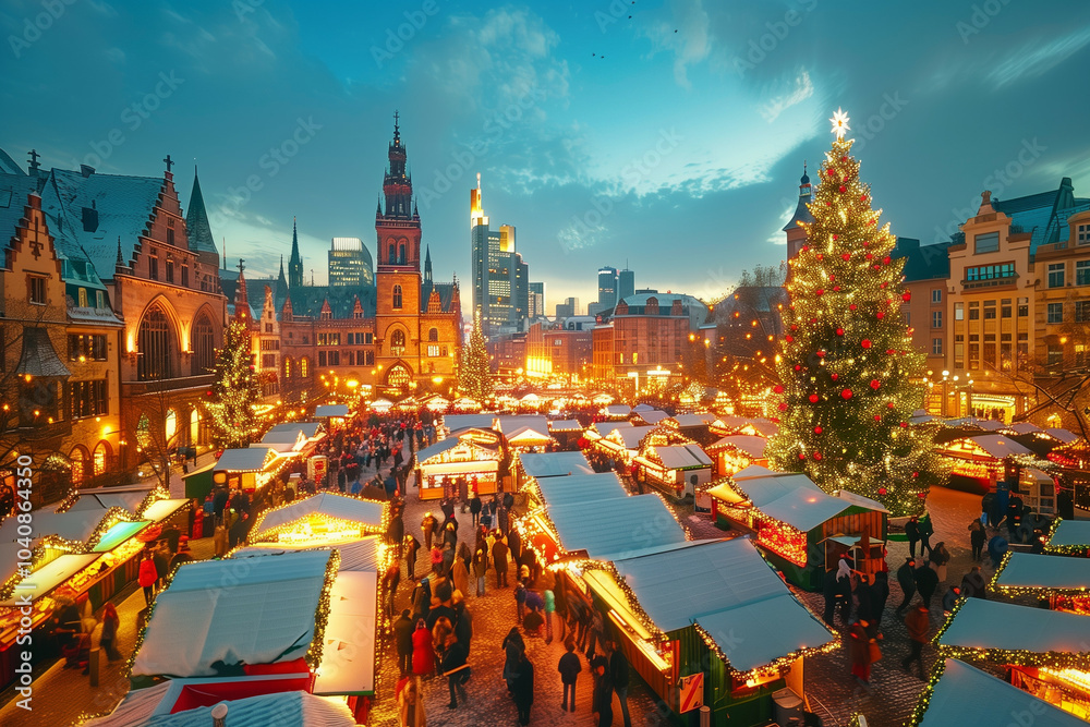 Fototapeta premium A Vibrant and Bustling Christmas Market Scene with Decorative Lights and Historic Architecture