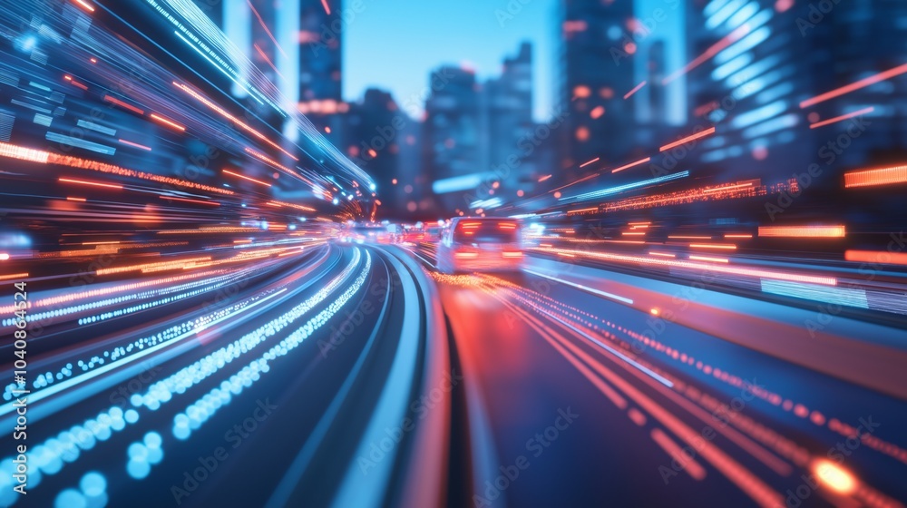 Vibrant city nightscape with light trails from moving vehicles on a busy road. Vibrant city nightscape with light trails from moving vehicles on a busy road.