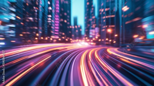 Colorful light trails illuminate a bustling city street at night with tall skyscrapers in the background.