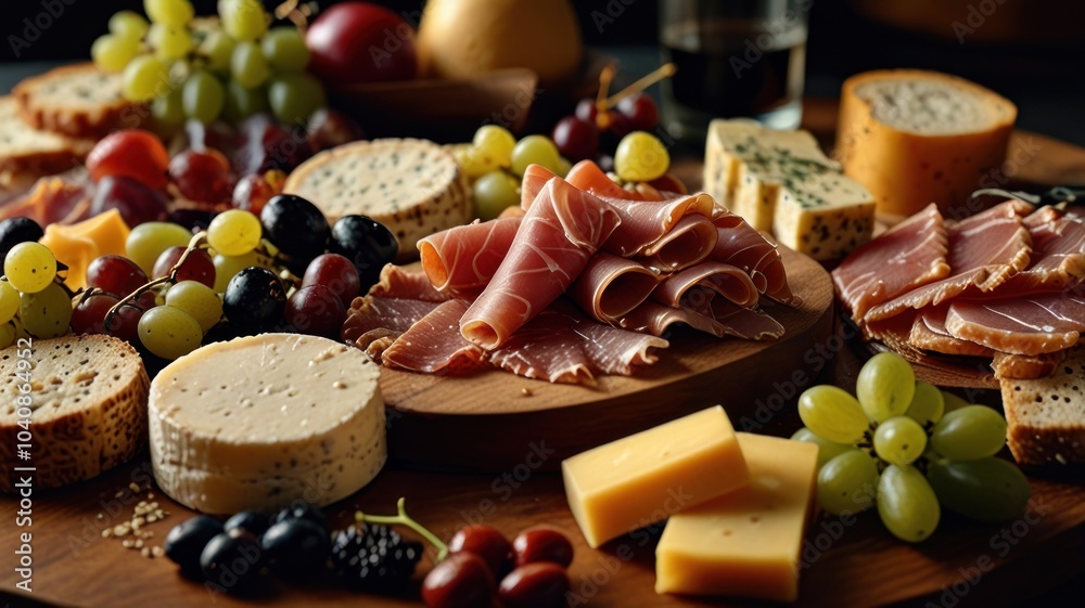A wooden board overflowing with gourmet delights sliced prosciutto, various cheeses, grapes, and crackers. A wooden board overflowing with gourmet delights sliced prosciutto, various cheeses, grapes, and crackers.