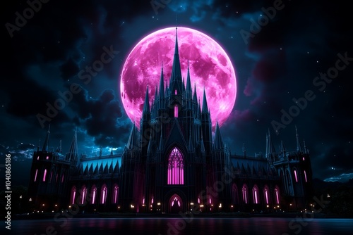 Gothic castle illuminated by soft pink moonlight, with shadows cast by the pink-tinted glow, creating a haunting yet beautiful scene