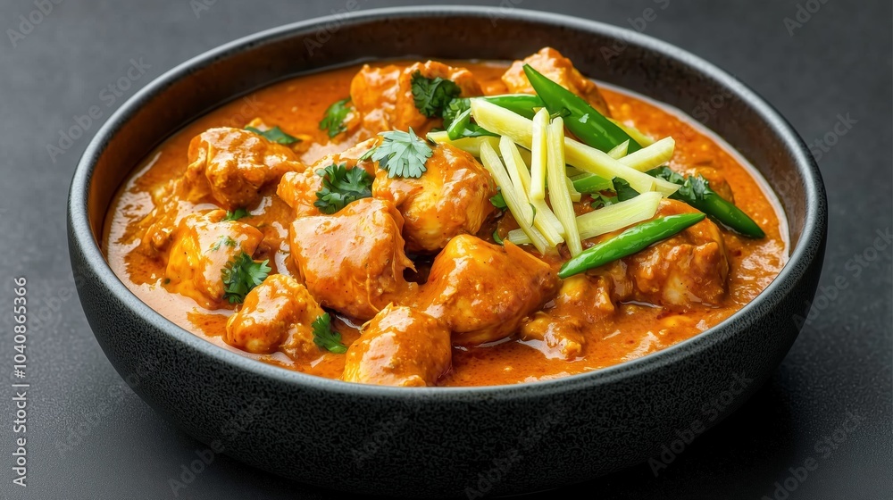 Bowl of red curry with chicken and green vegetables. The dish is served in a black bowl on a dark surface Bowl of red curry with chicken and green vegetables. The dish is served in a black bowl on a dark surface