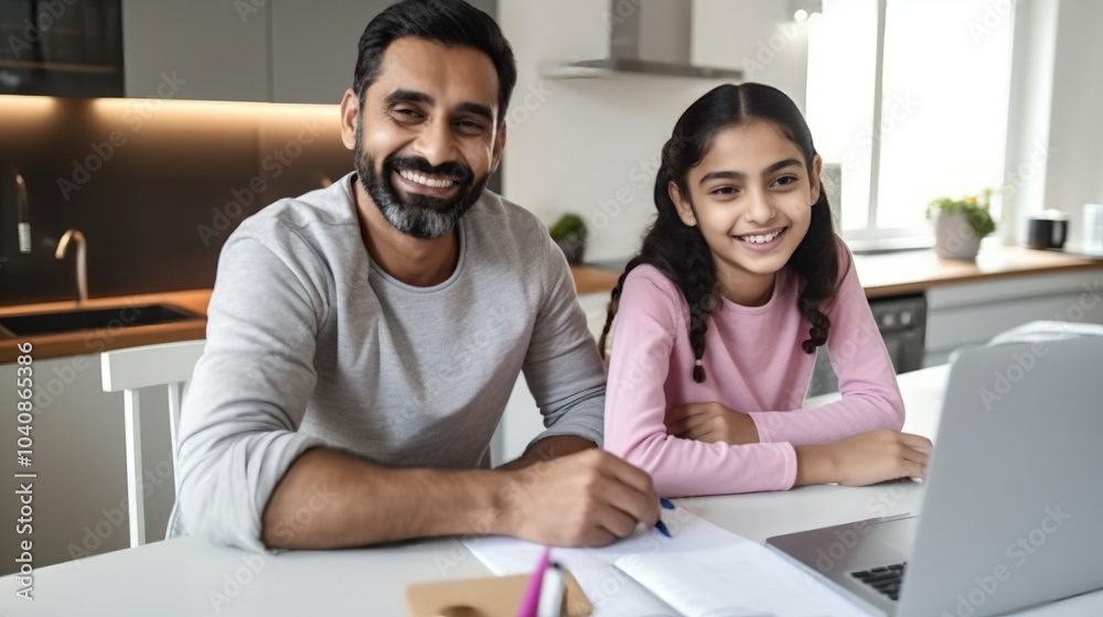 A smiling father and his daughter sit at the table in their modern kitchen, writing notes on notepads with pens while using a laptop computer for online learning or remote education during school. A smiling father and his daughter sit at the table in their modern kitchen, writing notes on notepads with pens while using a laptop computer for online learning or remote education during school.