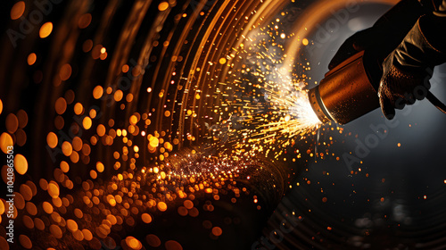 Underwater welding creates stunning sparks as diver works on steel beam, showcasing intricate details of process. vibrant colors and dynamic motion evoke sense of energy and craftsmanship