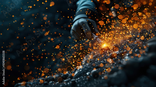 Underwater welding creates mesmerizing display of sparks and bubbles, showcasing intricate process of joining metal. vibrant orange sparks contrast beautifully against dark background, highlighting