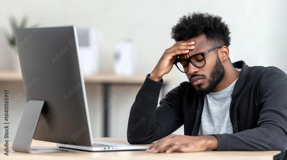 Man wearing glasses is sitting at a desk with a laptop in front of him. He is looking at the screen with a look of frustration on his face Man wearing glasses is sitting at a desk with a laptop in front of him. He is looking at the screen with a look of frustration on his face