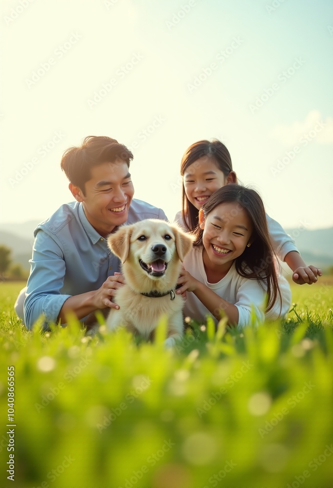 Obraz premium Joyful Asian Family Playing with Their Beloved Dog in a Lush Green Field Under a Bright Sunny Sky, Capturing Pure Happiness and Togetherness