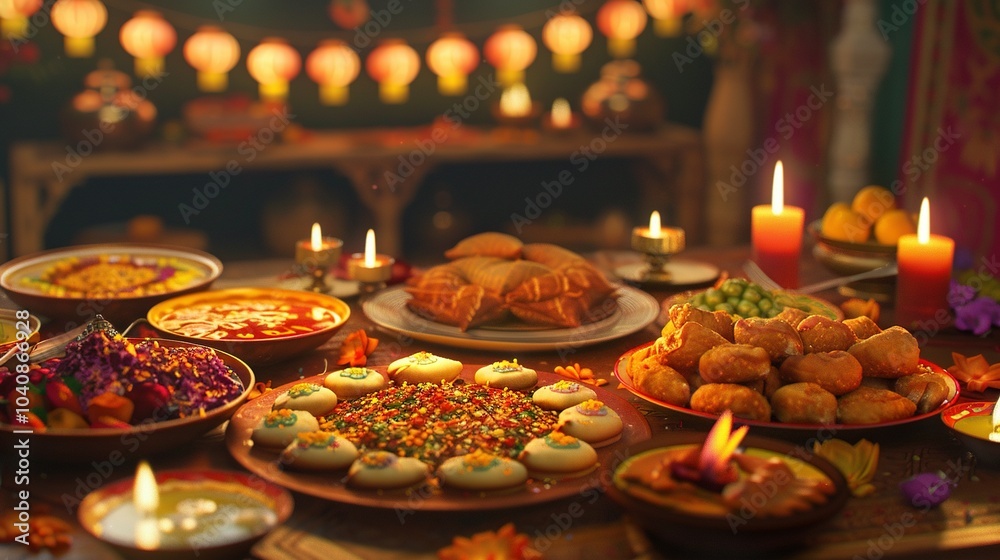 A Festive Table Setting with Traditional Indian Sweets and Candles A Festive Table Setting with Traditional Indian Sweets and Candles