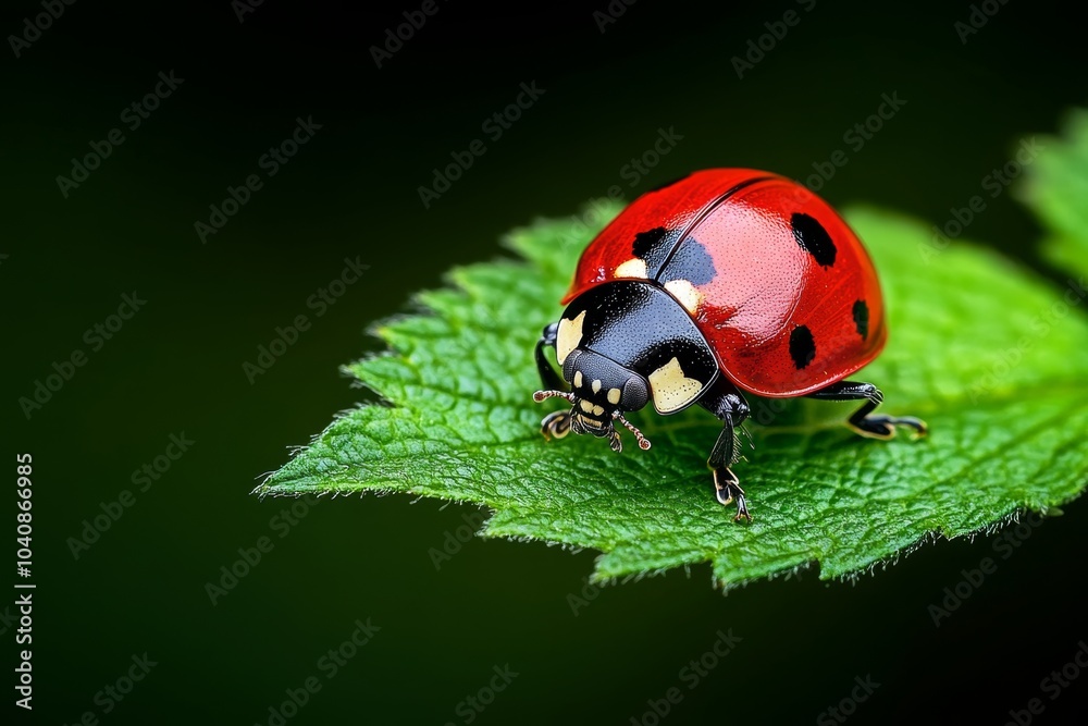 Fototapeta premium Ladybug crawling on a green leaf, with its bright red shell standing out against the foliage