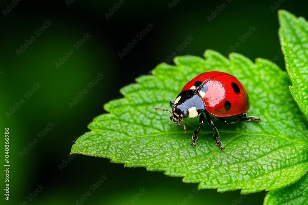Ladybug crawling on a green leaf, with its bright red shell standing out against the foliage Ladybug crawling on a green leaf, with its bright red shell standing out against the foliage