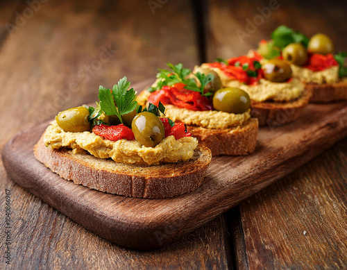 sourdough bread sandwiches with hummus grilled red bell peppers green olives and fresh parsley on a wooden board