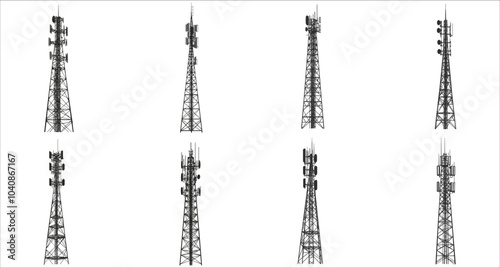 Tower wireless icon silhouettes. Communication tower icon vector. Set of wireless radio tower silhouettes. Black silhouettes of radio tower vector. Wireless tower silhouettes for business networking