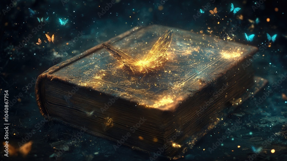 An ancient leather-bound book in a mystical still life, glowing with magical light and surrounded by ethereal butterflies and swirling particles, embodying arcane knowledge An ancient leather-bound book in a mystical still life, glowing with magical light and surrounded by ethereal butterflies and swirling particles, embodying arcane knowledge