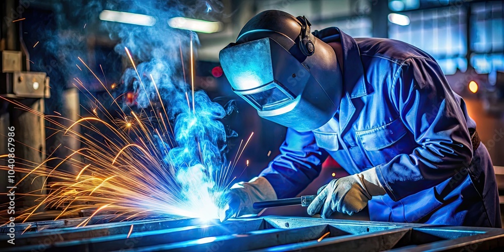 Welder using a torch with bright blue flame and sparks in workshop creating strong weld on metal , welding, welder Welder using a torch with bright blue flame and sparks in workshop creating strong weld on metal , welding, welder