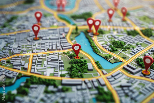 An overhead view of a city map showing a detailed layout with roads, rivers, and parks, marked with multiple red location pins