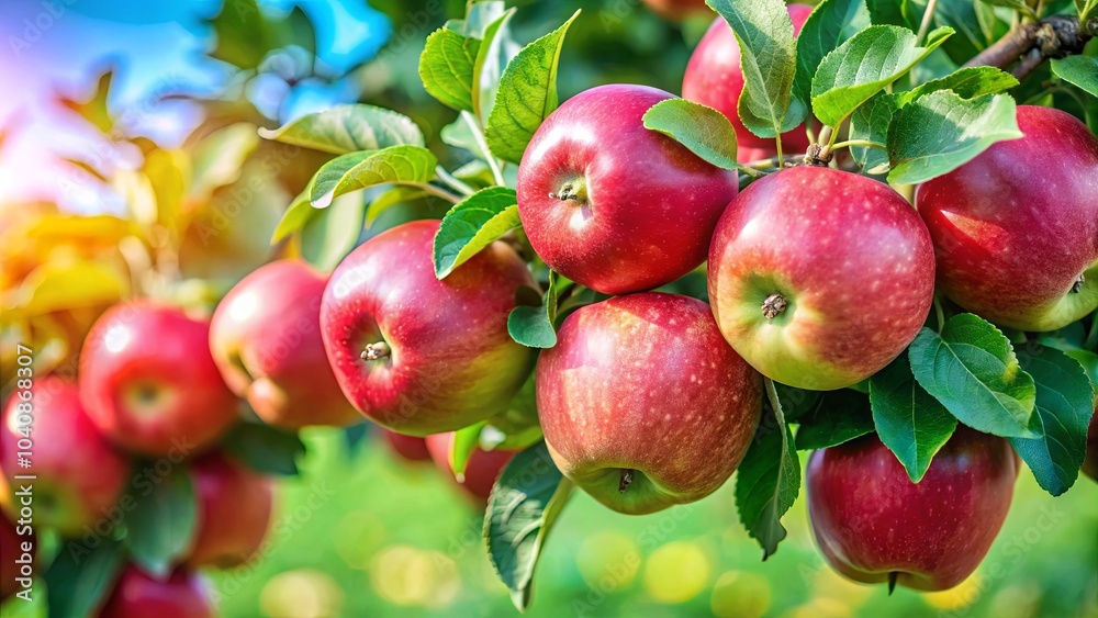 A Lush Orchard Scene Featuring A Bountiful Harvest Of Vibrant Red Apples Hanging From The Branches Of A Fruit Tree A Lush Orchard Scene Featuring A Bountiful Harvest Of Vibrant Red Apples Hanging From The Branches Of A Fruit Tree