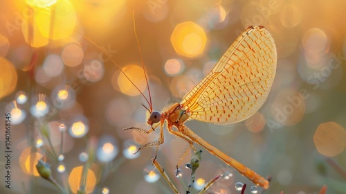 A close-up photograph of a mosquito flying in the air with blurred flowers and sunlight shining thro photo