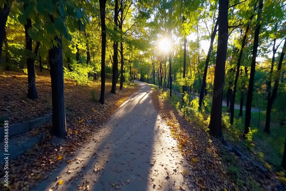 Naklejka premium Panoramic view of a forest trail in autumn, with golden light streaming through the trees