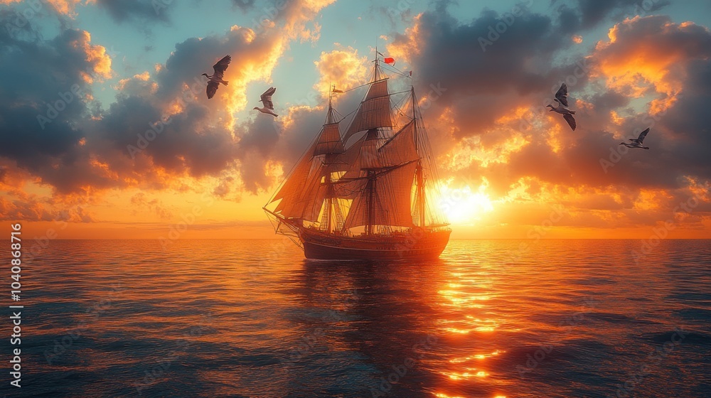 Fototapeta premium A majestic sailing ship at sunset on calm waters.