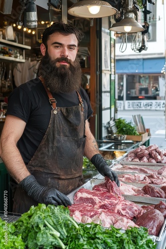 Bearded Butcher at a Fresh Meat Stall