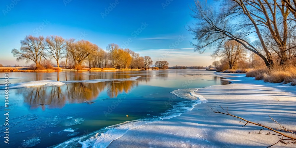 Fototapeta premium A frozen riverbank with bare trees reflecting in the still water, the sun casting long shadows across the snow