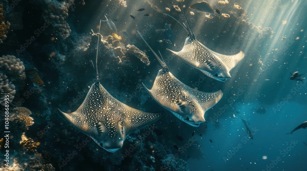 Obraz premium Four stingrays in a clear, blue ocean environment.