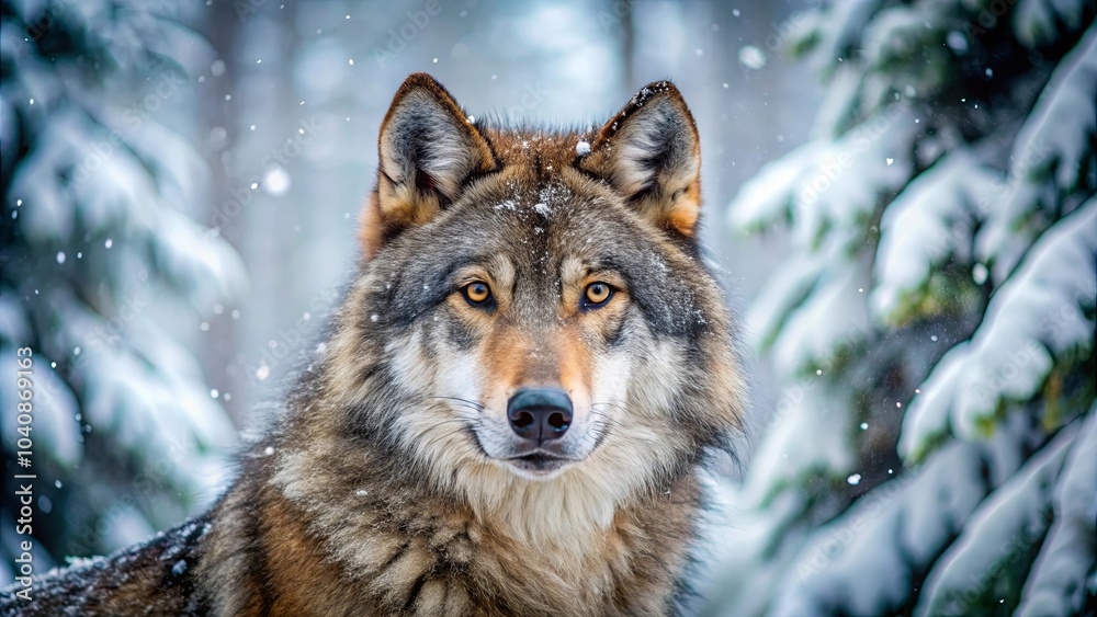 A majestic wolf with piercing yellow eyes gazes intently through a snowfall, its fur dusted with a soft layer of white, creating a captivating portrait of wild beauty. A majestic wolf with piercing yellow eyes gazes intently through a snowfall, its fur dusted with a soft layer of white, creating a captivating portrait of wild beauty.