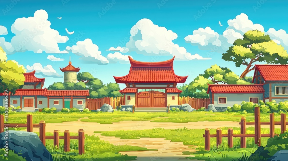 Fototapeta premium An Asian-Style Village with a Gate and Buildings