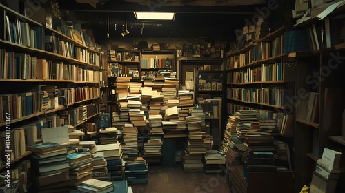 A cozy, cluttered room filled with bookshelves overflowing with books and stacks of papers, creating an inviting yet chaotic atmosphere.