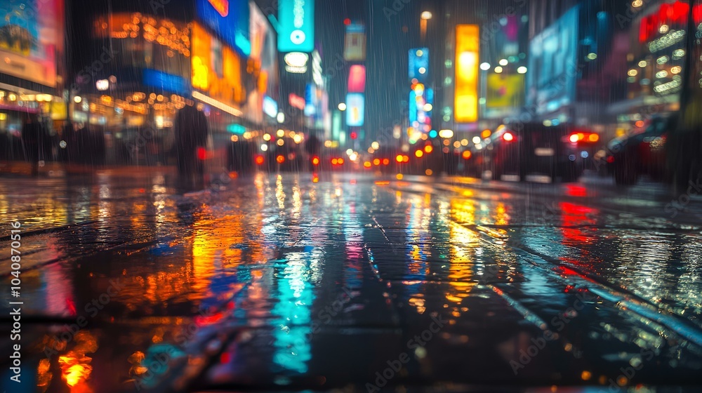 A vibrant, urban scene showcasing a rainy street reflecting colorful lights from advertisements and storefronts. A vibrant, urban scene showcasing a rainy street reflecting colorful lights from advertisements and storefronts.
