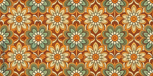 A vintage floral pattern featuring a symmetrical arrangement of stylized flowers in shades of orange, green, and white, creating a retro aesthetic.