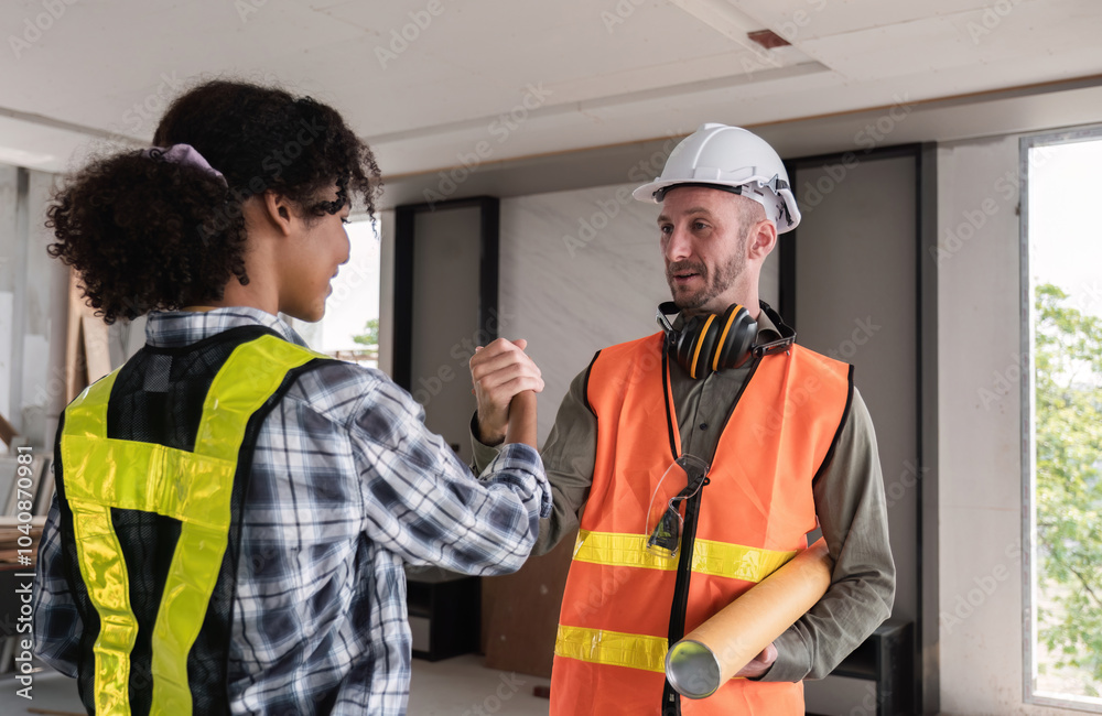 Engineering Team Celebrates Successful Project Completion with Handshake in Modern Office Environment