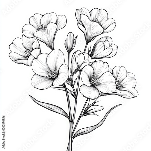 Intricate Black and White Line Drawing of Flowers