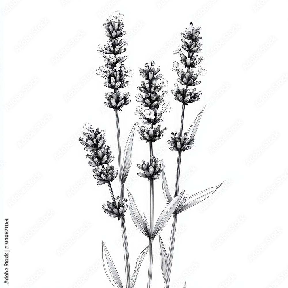 Naklejka premium Detailed Black and White Line Drawing of Lavender