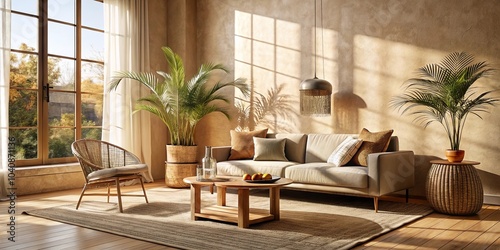 A warm and inviting living room with a large window, a plush sofa, a woven armchair, a natural wood coffee table, and two potted palms. The room is bathed in soft natural light.