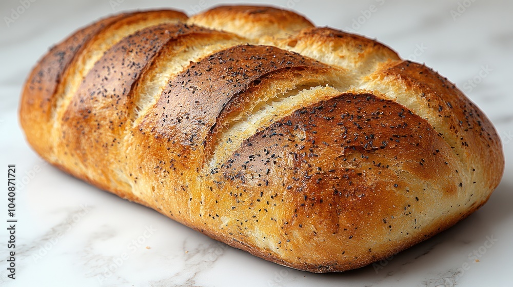 A freshly baked loaf of bread with a golden crust and poppy seeds. A freshly baked loaf of bread with a golden crust and poppy seeds.