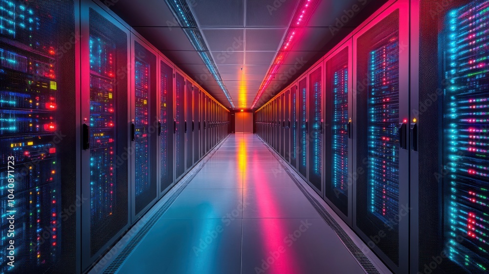 A corridor lined with illuminated server racks in a data center. A corridor lined with illuminated server racks in a data center.