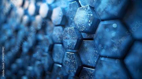 Abstract 3D Hexagon Pattern in Blue with Glowing Lights