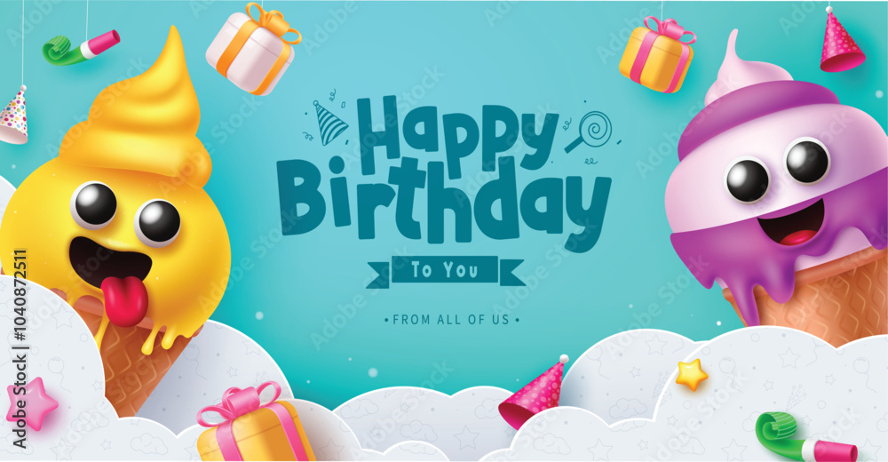 Fototapeta premium Happy birthday greeting vector template design. Birthday greeting text with cheese and strawberry ice cream characters and paper cut clouds decoration for party kids invitation card design. Vector 