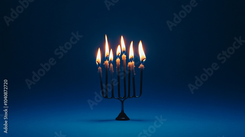 A beautifully lit menorah with eight flames glowing brightly during Hanukkah celebrations
