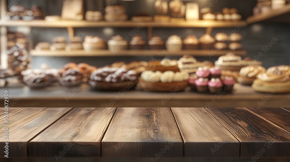 A cozy bakery scene featuring a wooden counter with an array of beautifully displayed pastries and desserts in the background. A cozy bakery scene featuring a wooden counter with an array of beautifully displayed pastries and desserts in the background.