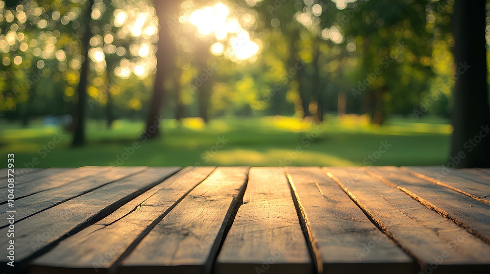 A serene wooden surface in a sunlit forest, with soft sunlight filtering through the trees, creating a peaceful and natural atmosphere.