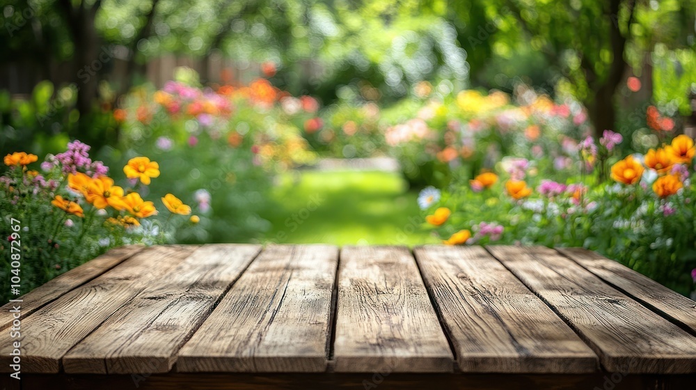 Rustic wooden table top with a blurred background of a beautiful flower garden. Rustic wooden table top with a blurred background of a beautiful flower garden.