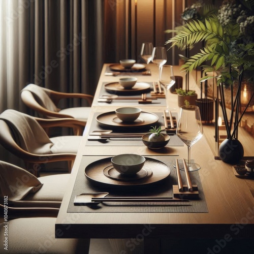 Dinner table with sleek wood and chrome chopsticks placed neatly photo