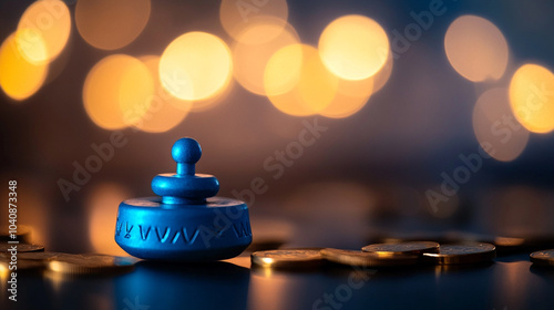 A dreidel and chocolate coins for Hanukkah against a soft, glowing background of lights photo